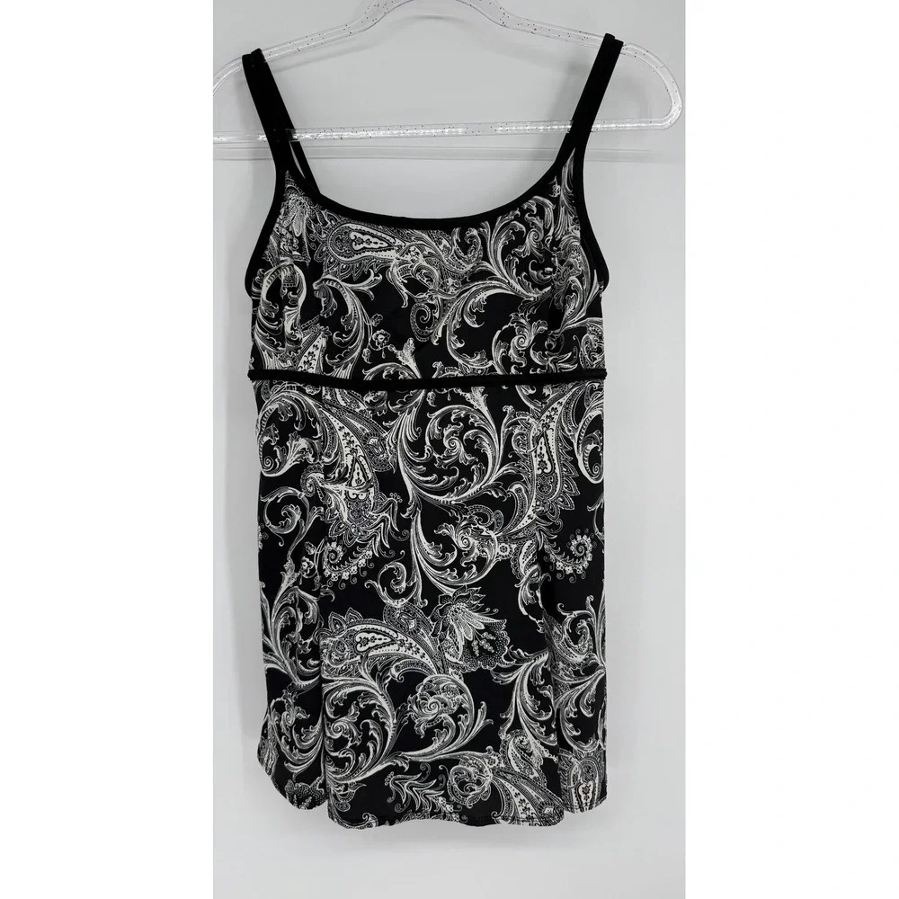 Longitude Womens Paisley Swim Dress Black White Tummy Control Sz 10